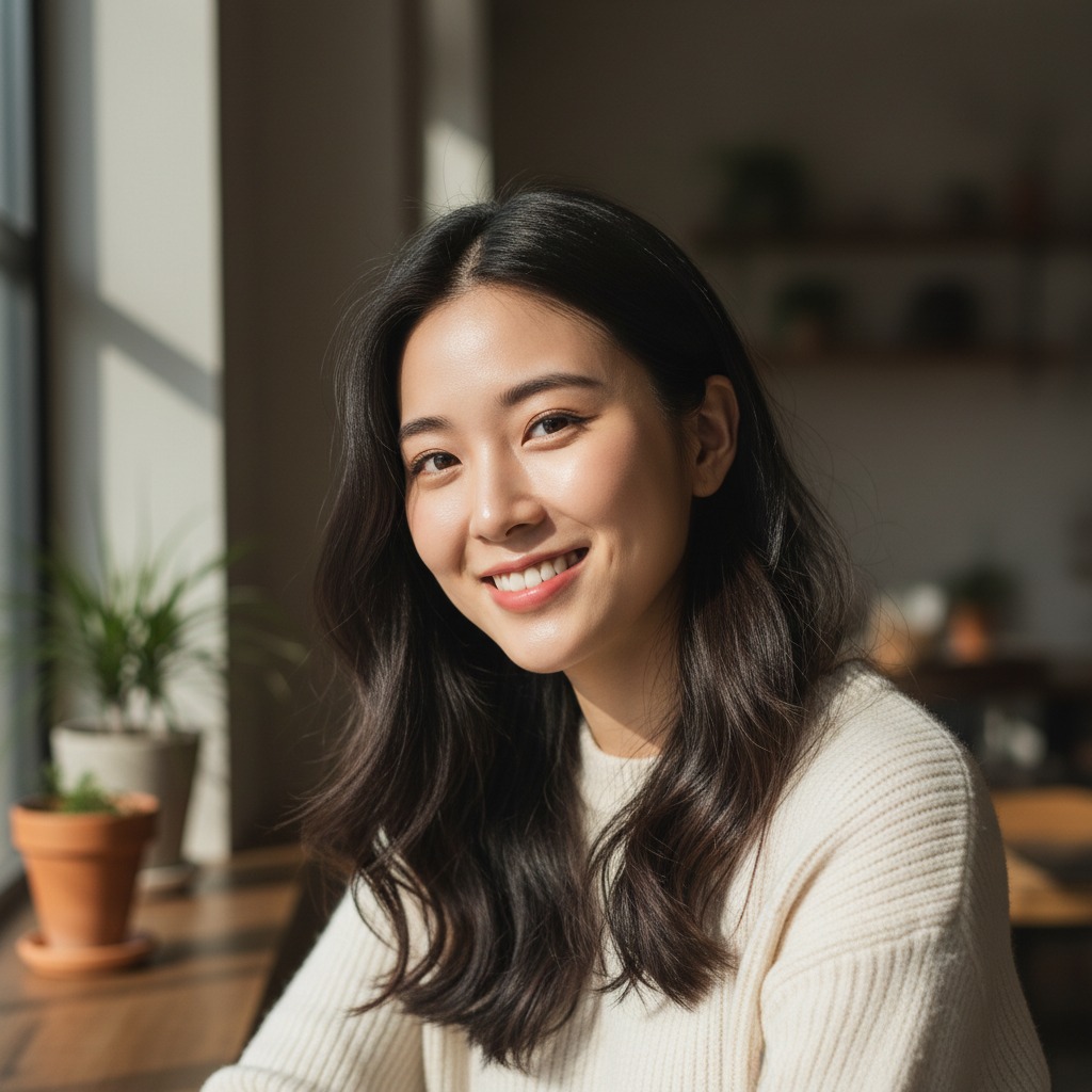 A smiling young woman with long dark hair sits by a window in a sunlit room.